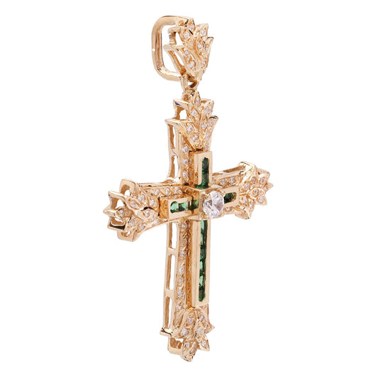 Yellow Gold Beautiful Cross setting with white and Green Cubic Zirconia, 14k