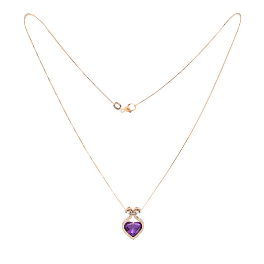 Yellow Gold Italian Necklace setting with one Heart cut Amethyst and Diamonds, 18k,