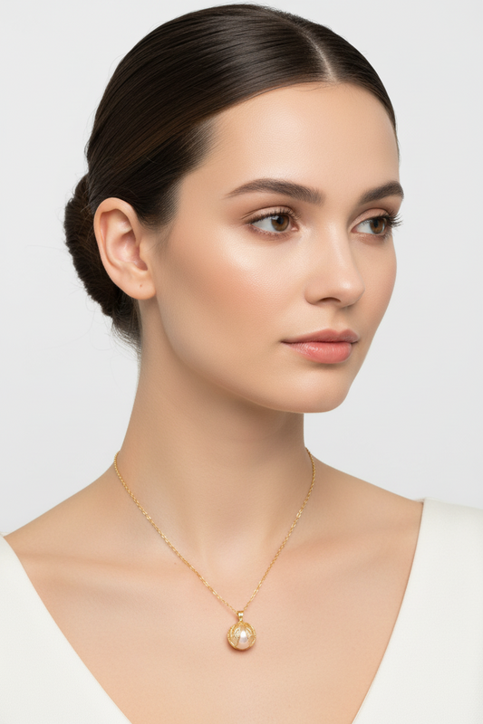 Yellow Gold Necklace with Filigree leaf-pattern caged pearl pendant, 14k