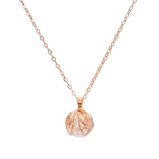 Yellow Gold Necklace with Filigree leaf-pattern caged pearl pendant, 14k, 16 inches, 2.4 gr