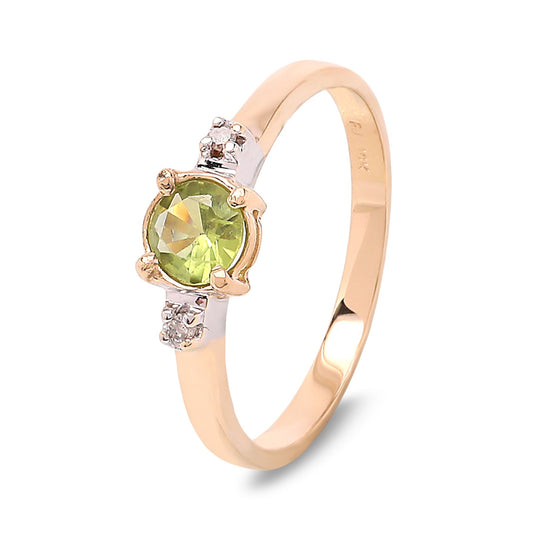 Yellow Gold Round Shape Peridot Ring with One Diamonds on Each Side,  10k, Peridot, 0.32ct, TDW: 0.02ct