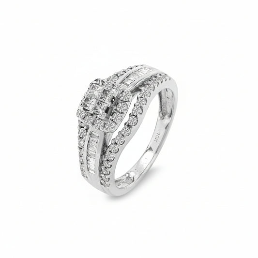 10K White Gold Princess Cluster Halo Engagement Ring