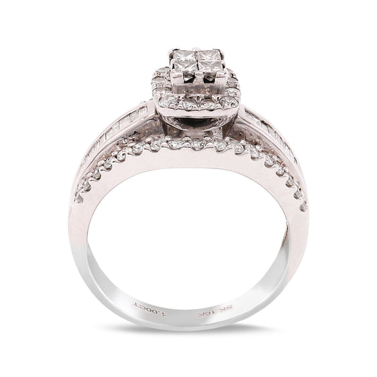 White Gold Quad Princess-Cut Diamond Engagement Ring with Halo and Baguette Accents Ring, 10k, TDW: 1ct