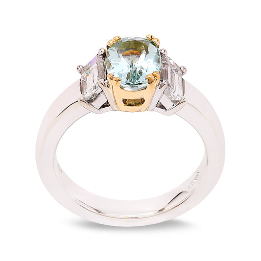 White Gold Oval Cut Aquamarine with 2 Baguette Diamond Ring, 18k,  TDW: 0.56ct