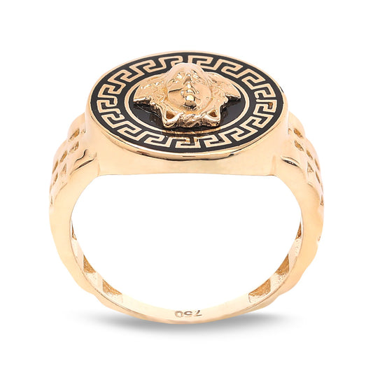 Black Enamel Medusa Design Yellow Gold Ring, 18k