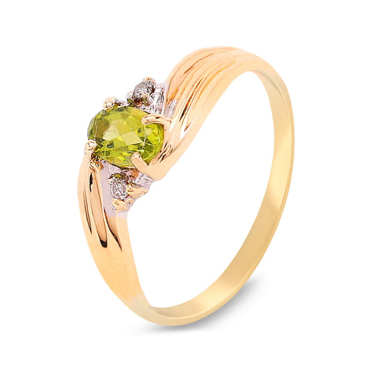 Yellow Gold Oval Shape Peridot Ring with One Diamonds on Each Side,  10k, TDW: 0.02c