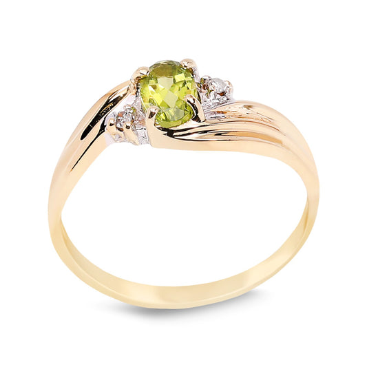 Yellow Gold Oval Shape Peridot Ring with One Diamonds on Each Side,  10k, TDW: 0.02c