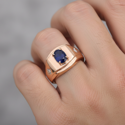 10K Yellow Gold Oval Shape Sapphire with Diamond Men's Ring