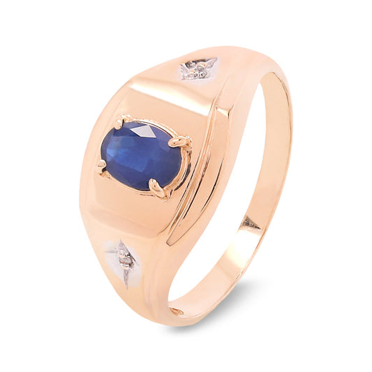 Yellow Gold Oval Shape Sapphire with Diamond Men's Ring, 10k, S: 0.67ct, TDW: 0.014ct