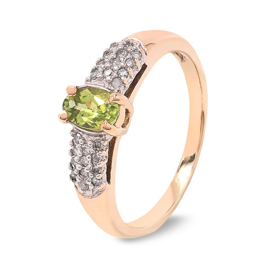 Yellow Gold Oval Shape Peridot Ring with 12 Diamonds on Each Side,  10k,  TDW: 0.16ct