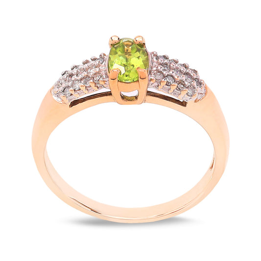 Yellow Gold Oval Shape Peridot Ring with 12 Diamonds on Each Side,  10k,  TDW: 0.16ct