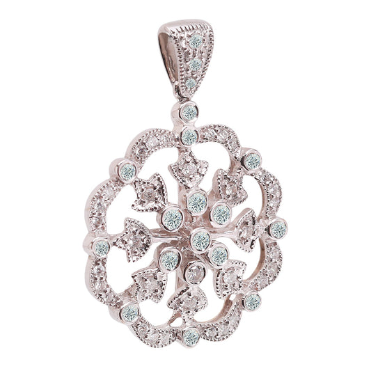 White Gold Filigri Deco Design Flower Shape Diamond Pendant. 43 Round Diamonds 18k TDW: 0.61ct SI GH, 5.48 gr