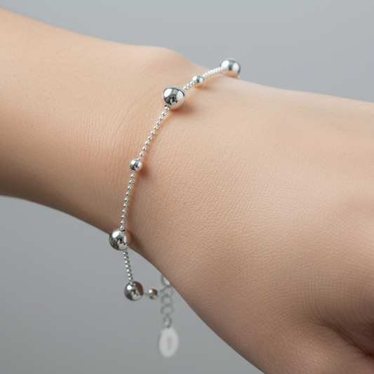 925 Sterling Silver Rhodium-Plated Sterling Silver 11 Bead Charm Bead Link Chain Bracelet