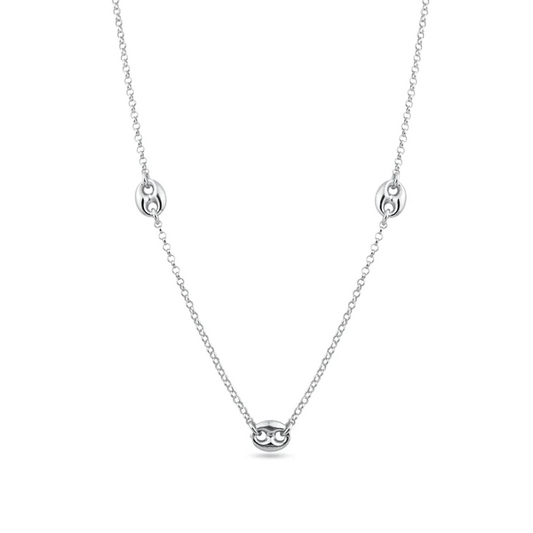 Silver Necklace Rhodium Plated with 3 Puffed Mariner ,Adjustable chain