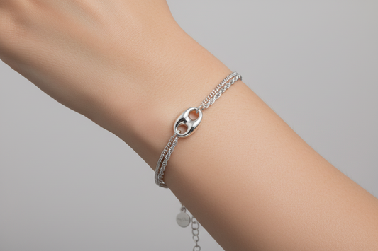 Sterling Silver Rhodium-Plated Puffed Mariner Charm Double Strand Curb and Rope Adjustable Bracelet