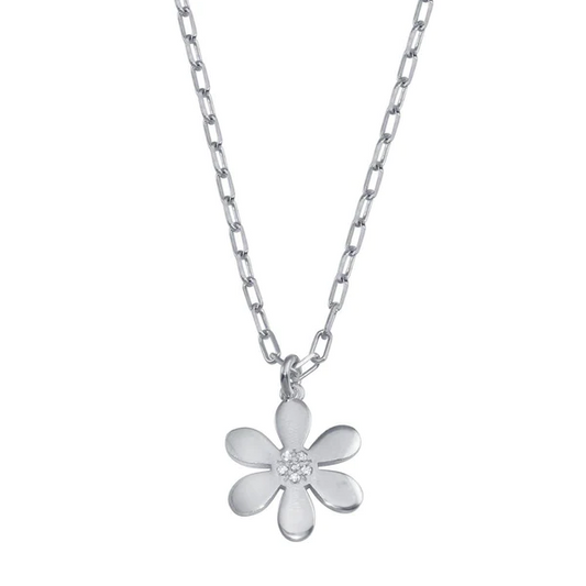Silver Rhodium Plated Paperclip Necklace with Flower