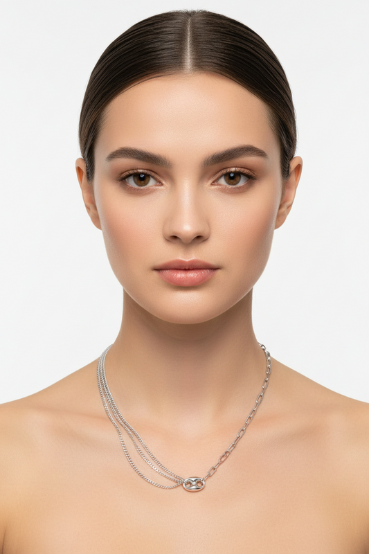 Rhodium Plated 925 Sterling Silver Puffed Mariner Double Strand Curb and Single Paperclip Adjustable Link Necklace