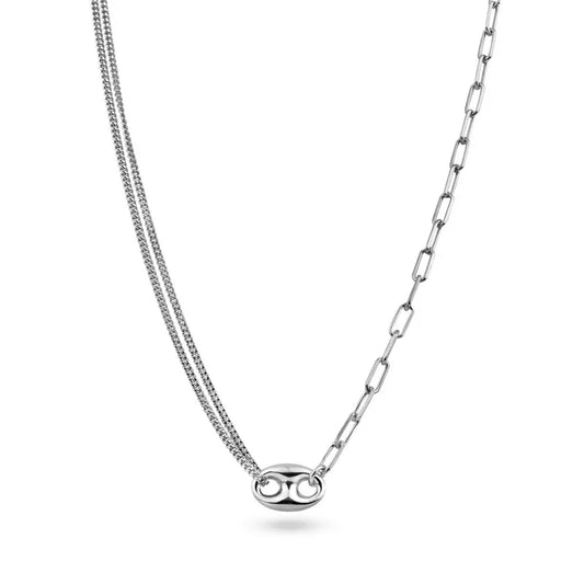 Rhodium Plated 925 Sterling Silver Puffed Mariner Double Strand Curb and Single Paperclip Adjustable Link Necklace