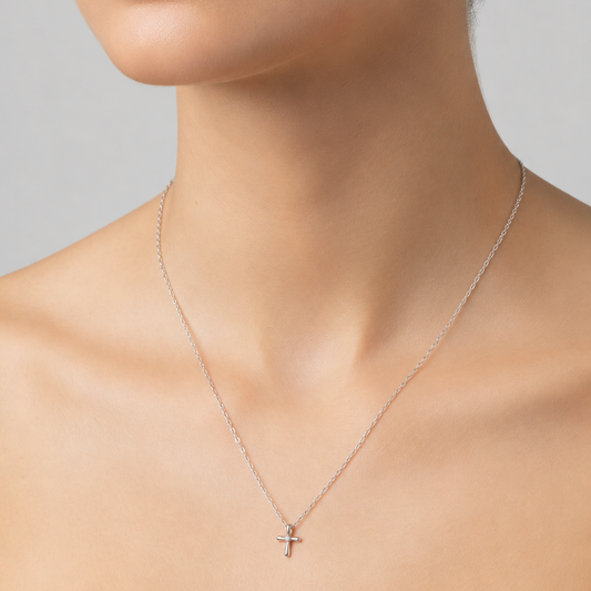 925 Sterling Silver Rhodium Plated Small Cross with CZ Necklace
