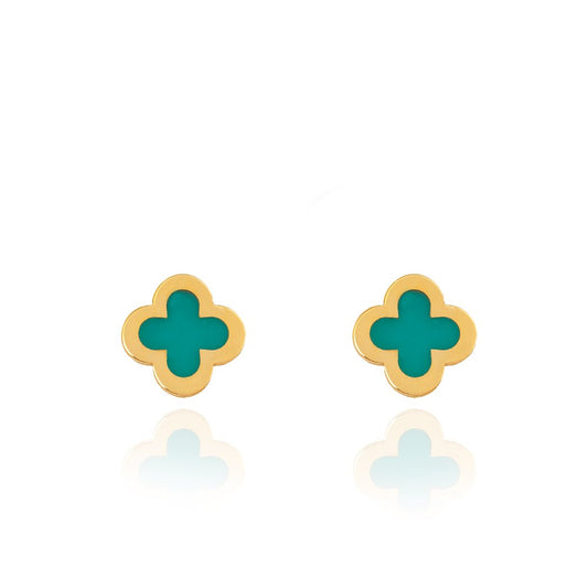 Yellow Gold Stud Earrings, Clover with Blue Enamel, 18k