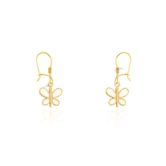 Yellow Gold dangling Butterfly  Earring with White enamel, 18k, 2.22