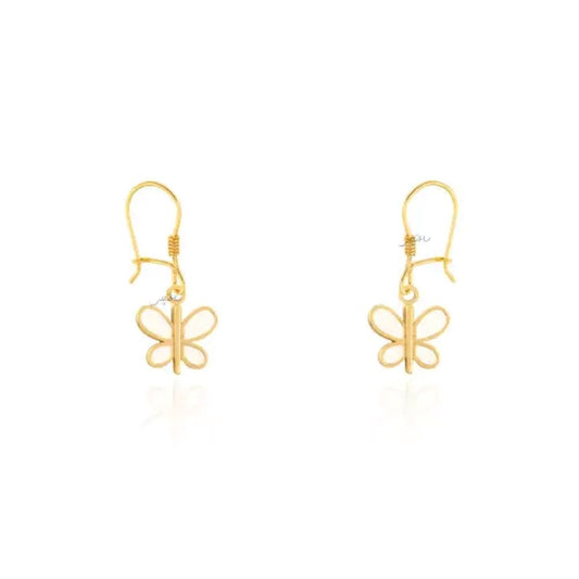 Yellow Gold dangling Butterfly  Earring with White enamel, 18k, 2.22