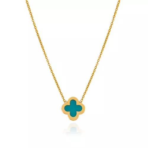 Yellow Gold Necklace with one Clover  setting with blue Enamel, 18k, 1.71gr, Chain is adjustable 14 to 15 Inches.