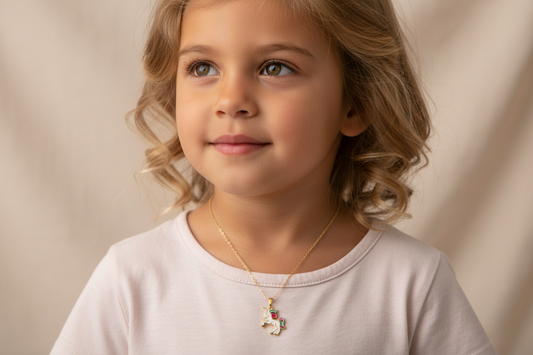 Yellow Gold colorful Unicorn Pendant, 18k