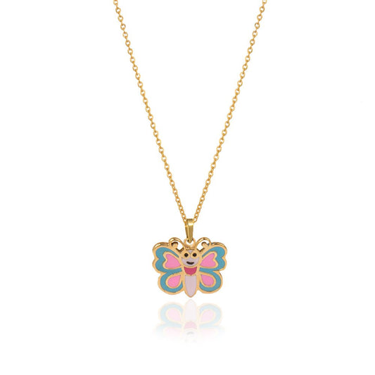 Yellow gold kids pendent butterfly with pink and blue enamel, 18k, 0.97gr