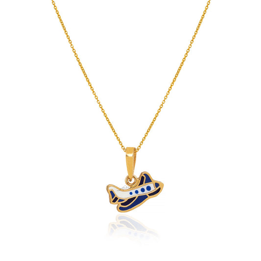 Yellow gold Airplane pendent with white blue Enamel 18k 0.69gr  chain is not included.