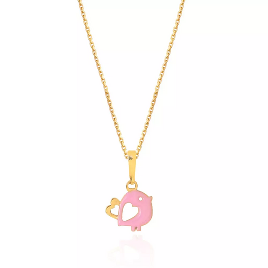 Yellow Gold bird Pendent with Pink Enamel, 18k