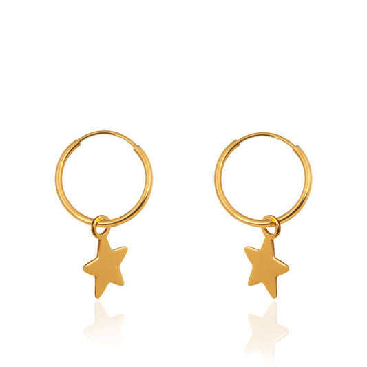 Yellow Gold Hoop Sleepers Earrings with a Dangling Star. 18k 1.23gr
