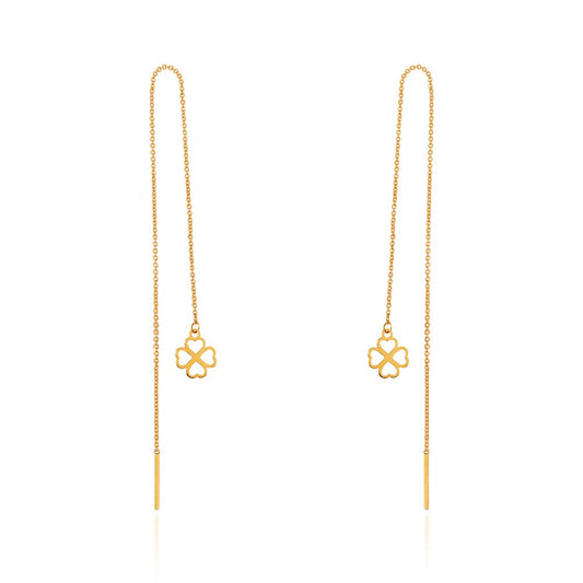 Yellow Gold Long Stitch Earrings with hanging Flower, 18k , 1.2gr