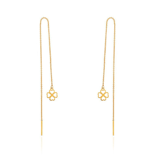 Yellow Gold Long Stitch Earrings with hanging Flower, 18k , 1.2gr