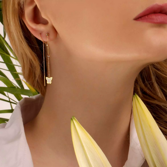 Yellow Gold White Enamel Butterfly Long Stitch Earrings. 18k 1.63gr