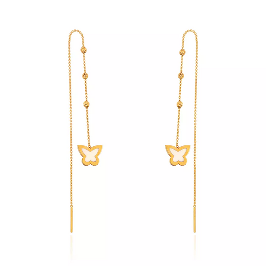 Yellow Gold White Enamel Butterfly Long Stitch Earrings. 18k 1.63gr