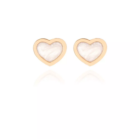 Yellow Gold Heart Stud Earrings with White Enamel, 18k