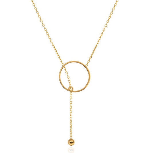Yellow Gold Y Style Necklace with a circle and a ball hanging