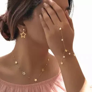 Yellow Gold Station Necklace setting with Stars, 18k, 3.03gr