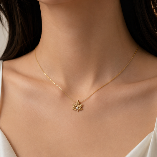 14K Yellow Gold Maple Leaf Necklace with Fire and Ice Canadian Diamond
