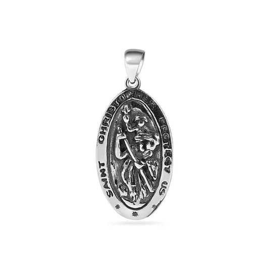 Sterling Silver Saint Christopher Oxidized Pendant , Oval, 30mm Shape