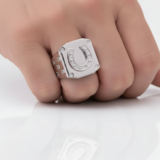 925 Sterling Silver Rhodium-Plated Men's Horseshoe CZ Ring