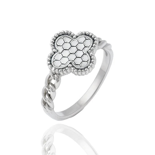 Sterling Silver Rhodium-Plated 8mm Clover Clear CZ Ring