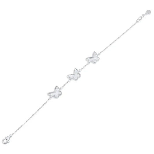 Rhodium Plated 925 Sterling Silver Diamond Cut Three Butterfly Charm Adjustable Bracelet