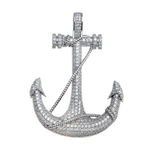 Silver Rhodium Plated CZ Anchor Hip Hop Pendant, 925