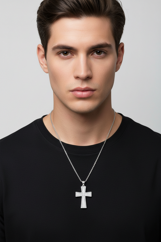 Rhodium Plated 925 Sterling Silver Cross CZ Hip Hop Pendant