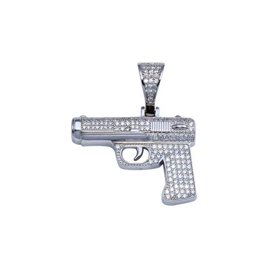 Rhodium Plated 925 Sterling Silver CZ Gun Hip Hop Pendant