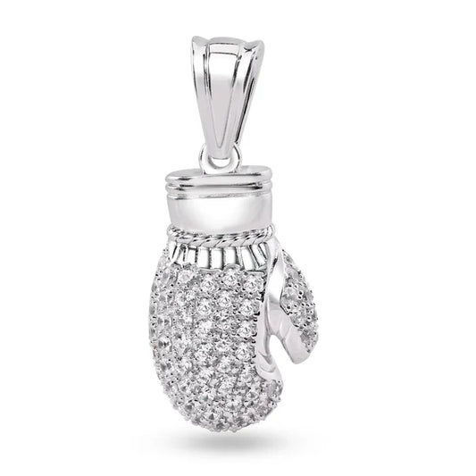 Rhodium Plated 925 Sterling Silver 3D Boxing Gloves Clear CZ Pendant