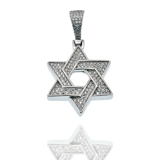 Rhodium Plated 925 Sterling Silver Star Of David Iced Out Clear CZ Pendant