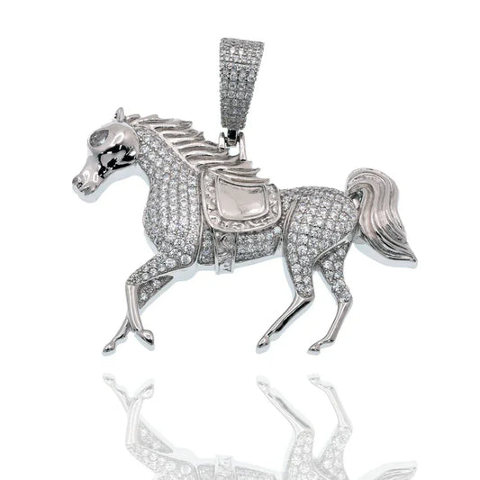 Rhodium Plated 925 Sterling Silver Iced Out Horse Clear CZ Pendant